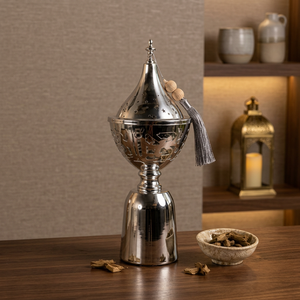 Brûleur d'encens marocain élégant en métal argenté avec couvercle, porte-bakhoor décoratif, parfum d'ambiance pour la maison, décoration de table - Product Image 3