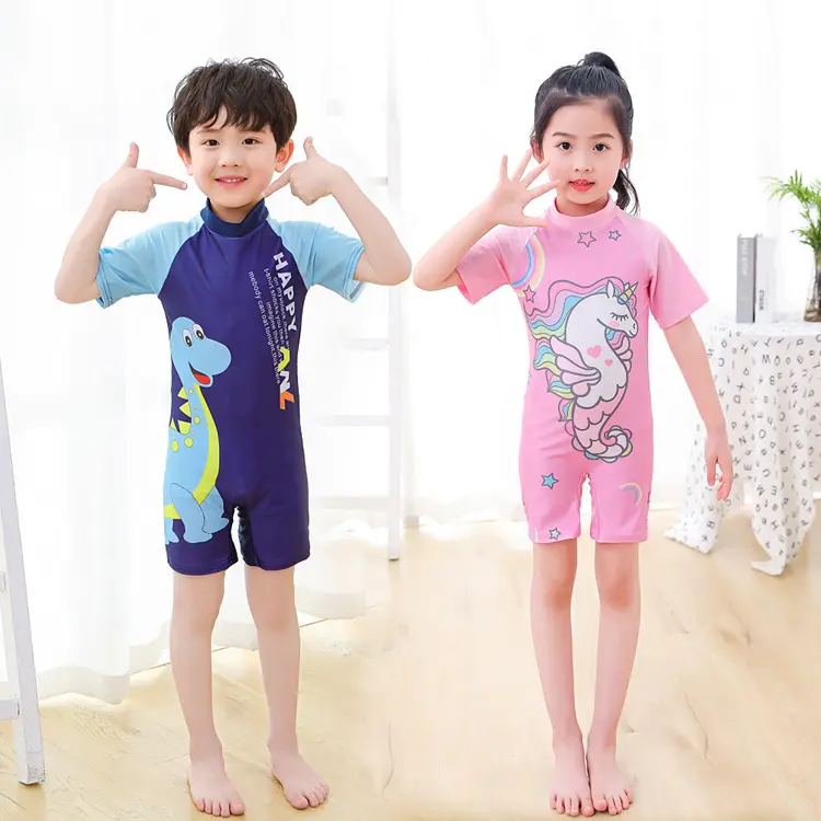 Bañador de dinosaurio para niños, traje de baño de una pieza de manga corta con dibujos animados, ropa de playa