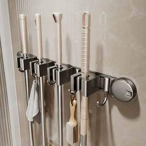 Suction Cup <b>Mop</b> Clip Stainless Steel <b>Wall</b> Mounted Bathroom Storage Rack Multifunctional Organizer For Broom And Cleaning Tools - Product Image 3