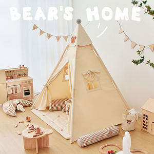 Mignon ours enfants jouer maison doux coton toile indien jouer jouet tentes en bois avec lumière et tapis pour les enfants - Product Image 3