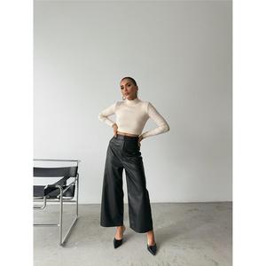Leather Wide Leg Pants High Waist <b>Black</b> Pu <b>Fabric</b> Women's Trousers - Product Image 3