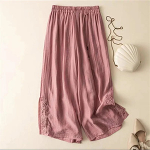 Retro Embroidered Cotton Linen Wide Leg Pants Women Summer <b>Elastic</b> Waist Breathable Casual Loose Style - Product Image 2