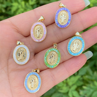 Pendentif ovale Vierge Marie plaqué or 18 carats, charme religieux de Guadalupe avec bordure en opale colorée, pour cadeau catholique