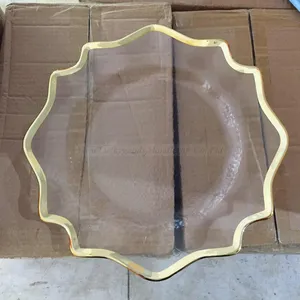 LCK267 New Products plate Cheap Luxury Sunflower Glass Charger Plate with gold rim Chinese Supplier