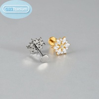 Piercing d'oreille en alliage de titane ASTM F136, design flocon de neige et cristal de glace, fileté intérieurement, serti de pierres, bijou de mode