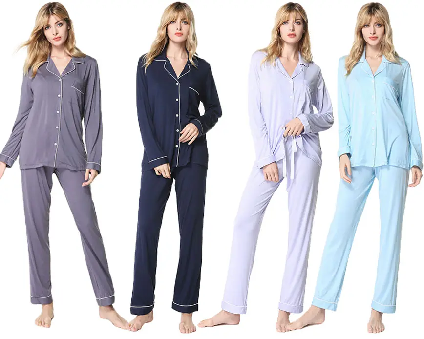 Pijamas de algodón de bambú personalizados para mujer, ropa de dormir larga para adultos, Oem de fábrica, venta al por mayor