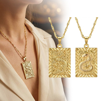Collier Pendentif en Acier Inoxydable Plaqué Or avec Motifs Loong et Caractères Fu Chinois, Bijoux pour Femmes et Hommes