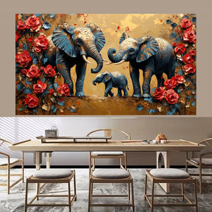 Décoration d'intérieur moderne Prêt à expédier <span class=keywords><strong>Peinture</strong></span> sur toile Famille d'éléphants pour couloir Fleur rouge <span class=keywords><strong>Art</strong></span> mural floral Impressions décoratives - Product Image 3