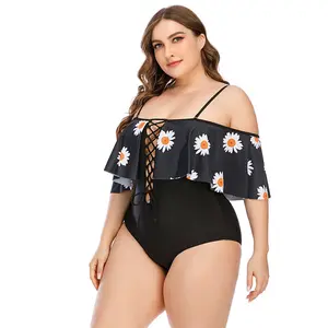 Strand 1 Stück Plus Size Damen Fat Girl In Micro Hollow Out Rüschen Cross Strap Beach wear Print Bikinis