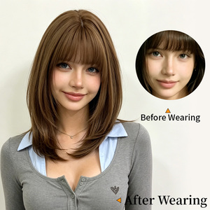 วิกผมบ๊อบยาว 18 นิ้ว สีน้ำตาลอ่อน โปร่งแสง แบบมีเลเยอร์ พร้อมหน้าม้า  ผมตรงสลวยเป็นลอน ทนความร้อน ผลิตจากเส้นใยสังเคราะห์ สำหรับผู้หญิง ราคาโรงงานถูก - Product Image 2
