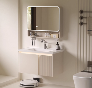 Meuble sous-vasque de salle de bain en aluminium épaissi de luxe léger LED Bassin monobloc en céramique <span class=keywords><strong>Plaque</strong></span> de roche Combinaison d'espace Lavabo facial - Product Image 3