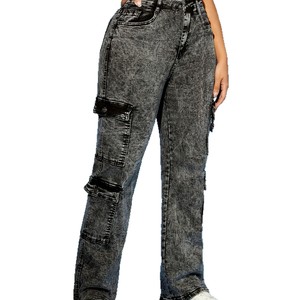 <span class=keywords><strong>Pantalon</strong></span> <span class=keywords><strong>cargo</strong></span> multi-poches pour <span class=keywords><strong>femme</strong></span>, style euro-américain, en denim extensible noir, coupe longue, délavé vintage, fait main, collection 2026 - Product Image 5