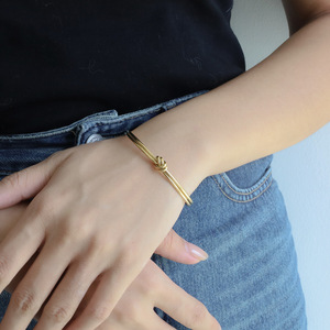 Cuff <b>Bracelet</b> Gold Steel Color Double Layer <b>Knotted</b> Open Design Unisex Jewelry - Product Image 3