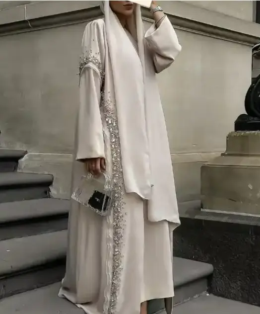 Tùy Chỉnh Abaya Dubai Hồi Giáo Phụ Nữ Hai Mảnh Abaya Và Dress Set Pleated Phía Trước Mở Abaya Hồi Giáo Quần Áo