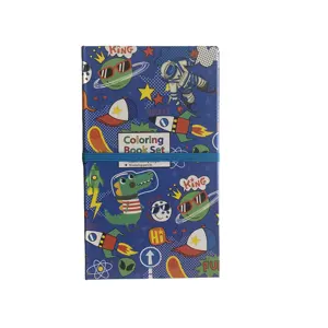 Promosyon DIY kırtasiye seti 3-fold sert karton kapak boyama kitabı ve elastik bant mavi ile kalem seti