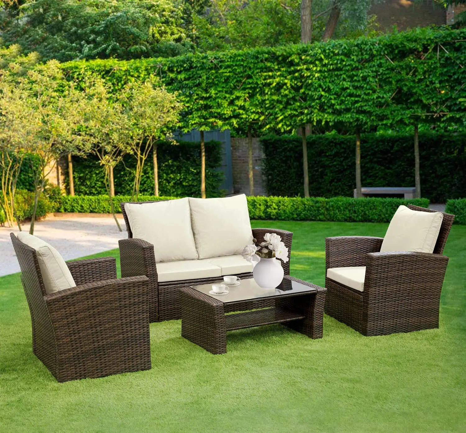 Conjunto de sofá y sillón de ratán para exteriores, Patio, jardín, invernadero, 4 plazas, con cojines y mesa de centro