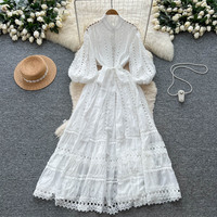 Robes pour femmes, robe en dentelle vintage, robe à manches lanternes creuses, robe à nouer à la taille, robe boutonnée, robe élégante pour femmes