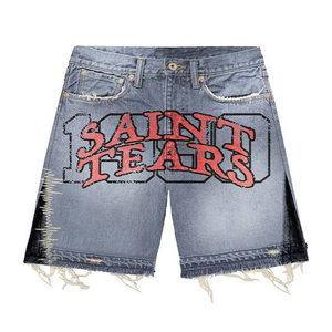 <span class=keywords><strong>Pantalones</strong></span> <span class=keywords><strong>Cortos</strong></span> de Mezclilla para <span class=keywords><strong>Hombre</strong></span> Estilo Urbano con Parches Bordados y Apliques Personalizados, Borde sin Terminar, Lavado Ácido y Efecto Desgastado - Product Image 5