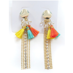 Venta al por mayor chapado en oro Vintage aleación de zinc mujeres largo algodón borla mezcla de colores cristal flor gota pendientes en venta - Product Image 1