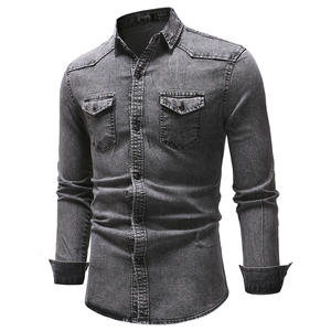 <span class=keywords><strong>Polo</strong></span> décontracté à simple boutonnage avec fermeture pour hommes Nouveau design simple à manches longues en jean <span class=keywords><strong>col</strong></span> montant tissé M-3XL grande taille - Product Image 3