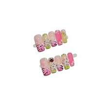 Faux ongles faits à la main à pression, couvrance totale, motif floral pastel pré-dessiné