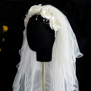 Beau <span class=keywords><strong>voile</strong></span> de mariée avec appliques de fleurs Bandeau de mariage <span class=keywords><strong>Voile</strong></span> de cheveux de mariée en perles - Product Image 3