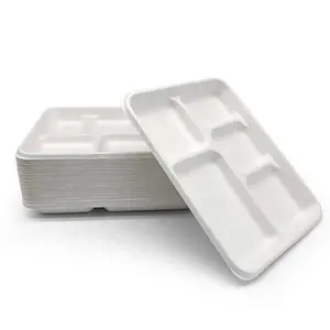 5 Compartment Rectangular Disposable And Compostable Dinnerware Sets Biodegradable Bagasse Food Platter Tray