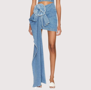Gonne di jeans blu a vita alta per donna gonne di jeans da donna in Denim a balze di fiori 3D in Denim da donna - Product Image 1
