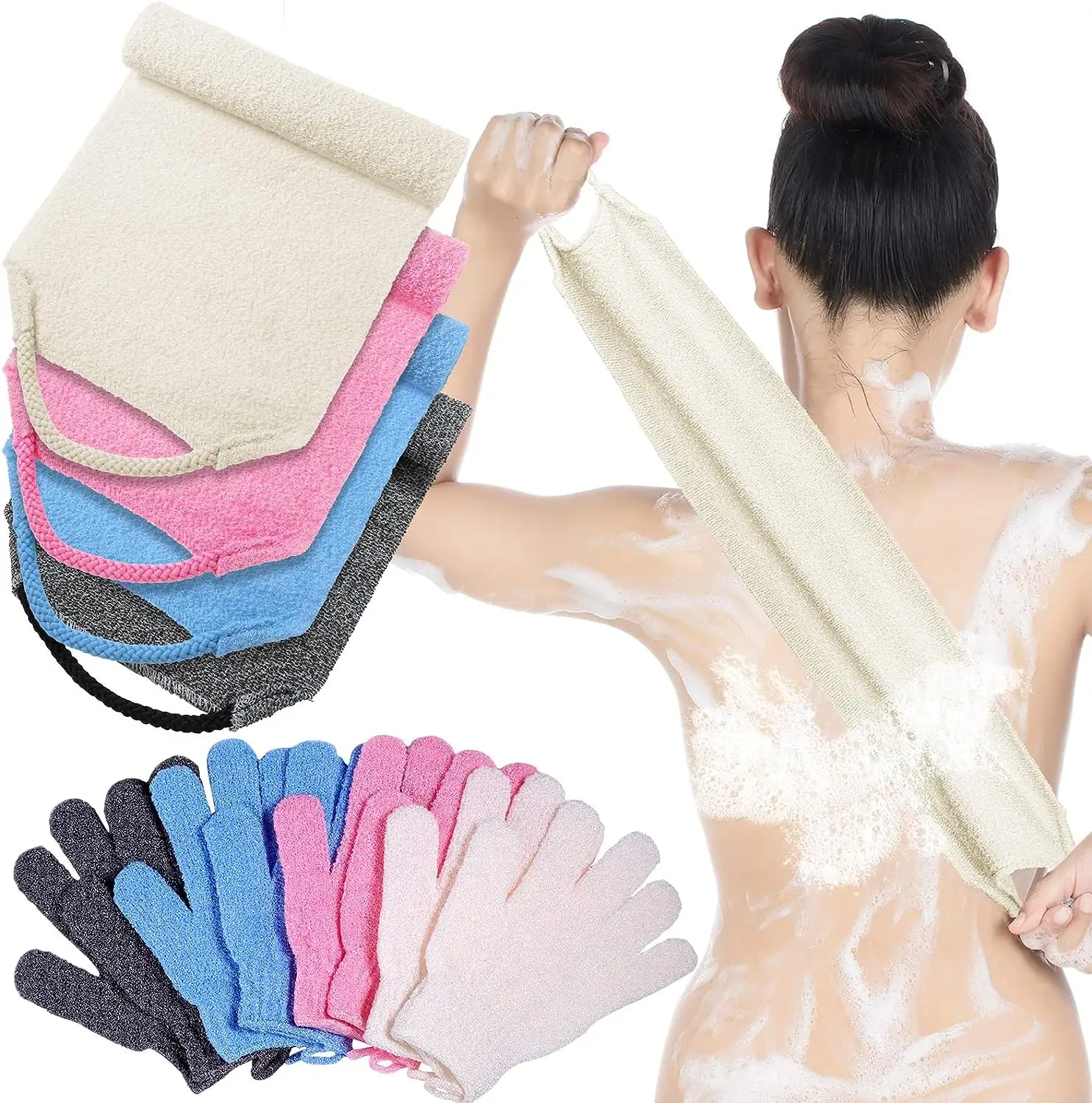 Exfoliating Back Scrubber with Handles Set of 8 Exfoliating Shower Bath Gloves Back Scrubber Set 4 Bath Gloves for Women Men Chi