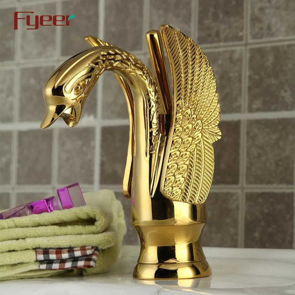 Fyeer Gold Color Brass Swan Bathroom Basin Mixer Tap