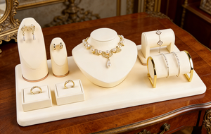 Factory Beige Microfiber Fabrics Luxury Packaging Necklace Watch Bracelet <b>Earring</b> Ring Jewelry Display Set with Tray Display - Product Image 3