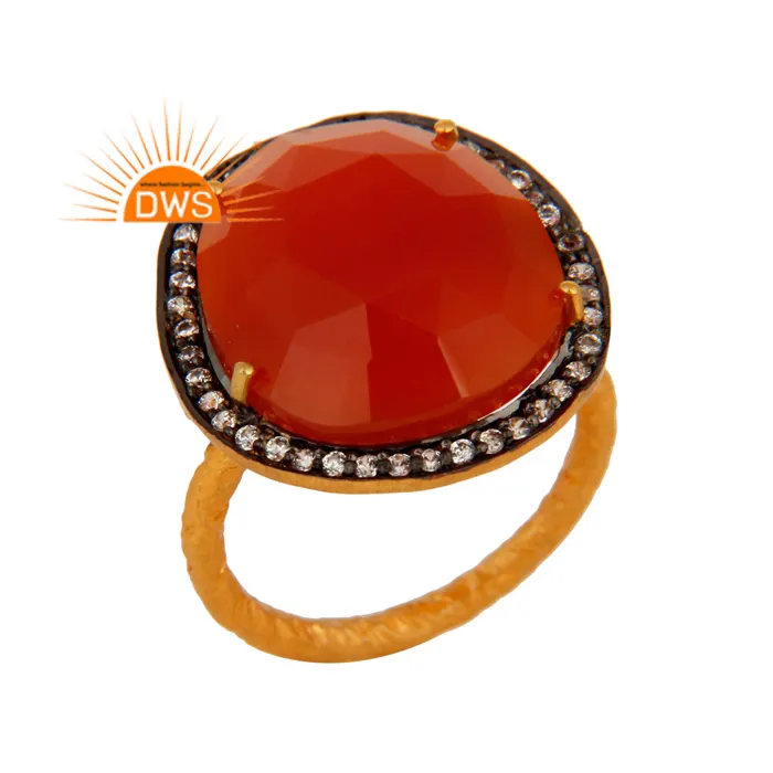 Top Selling Prong Set Red Onyx CZ Ring Manufacturer 22k Gold Plated Ladies Fashion Brass Ring Jewelry Suppliers