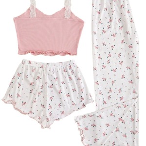 Pyjamas en forme de cœur de style européen et américain pour femmes, ensemble trois pièces doux et mignon pour le printemps et l'été, de haute qualité - Product Image 5
