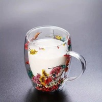 Tasse en verre à fleurs séchées à double couche de 350ml, tasse à thé au lait transparente résistante à la chaleur, tasse à café domestique