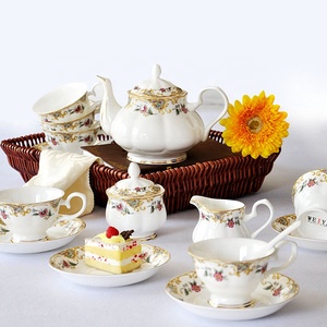 Elegance gold rimed flower design teiera set bone china 15 pezzi set da caffè in porcellana - Product Image 1