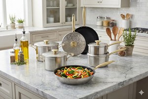 Juego de utensilios de cocina de acero inoxidable con mango dorado, nuevo de fábrica, con base de impacto, ollas, sartenes <span class=keywords><strong>y</strong></span> cacerolas - Product Image 6