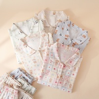 Pyjama long en mousseline de coton imprimée pour femme, printemps-automne, 121-140 g/m², manches longues, col à revers, tenue d'intérieur deux pièces, ODM