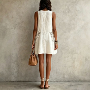 <b>Top</b> Selling Women Summer Casual Mini Dress White V Neck Sleeveless Lace Splicing <b>Linen</b> Fabric Loose Swing Short Dress - Product Image 2