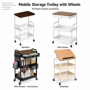 3 Tier Utility with Wooden Board and Drawer ,Multi Use <strong>Storage</strong> Rack Organizer Lockable Casters, Metal Trolley Rolling <strong>Cart</strong> - Product Image 1