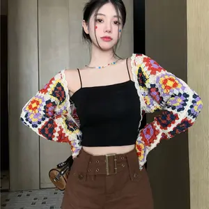 WT2212 New 2023 Korean Vintage Color Block Floral Cardigan Women Crochet Knitwear Tops Clothing 2