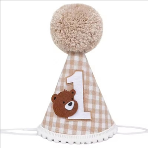 Nuevo Sombrero de Cumpleaños con Temática de Osito de Peluche, Lindo Sombrero a Cuadros con Pompón, Duradero, para la Primera Fiesta de Cumpleaños del Bebé - Product Image 2
