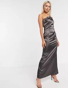 Custom elegant fashion black silk dress sexy one shoulder satin silk dress long maxi slip party silk dress