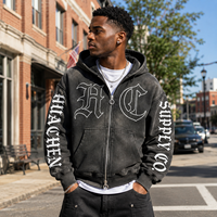 Sweat à capuche zippé personnalisé pour homme, coupe courte, 420 GSM, délavé à l'acide, effet vieilli, broderie, sérigraphie, épaules tombantes, fermeture éclair bidirectionnelle, fabricant OEM ODM