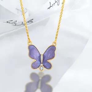 Unique Smooth Surface Butterfly Pendant Necklace Purple Enamel CZ Animal Charm Link Chain Jewelry For Women