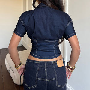 Camiseta de Verano Y2K Sexy para Mujer, Cuello en V, Corte Ajustado, Estilo Denim, Cierre de Cremallera, Manga Corta, Top de Moda para Dama - Product Image 5
