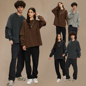 2024 otoño marca Retro dos bordes enrollados cuello redondo manga larga Camiseta hombres hacer viejo teñido lavado agua sudaderas - Product Image 1