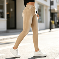 Jeans Skinny Femme Taille Basse en Denim Coton Élastique Couleur Camel – Direct Usine