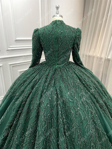 Lấp Lánh bóng Gown hồi giáo cô dâu Arabian cao cổ dài tay áo đính cườm ren màu xanh lá cây Wedding Dresses với Mạng Che Mặt - Product Image 5