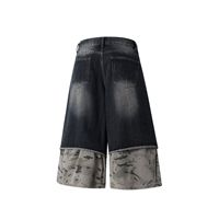 Culottes en jean patchwork camouflage personnalisées, coupe courte, unisexe, noires, streetwear, jambes larges