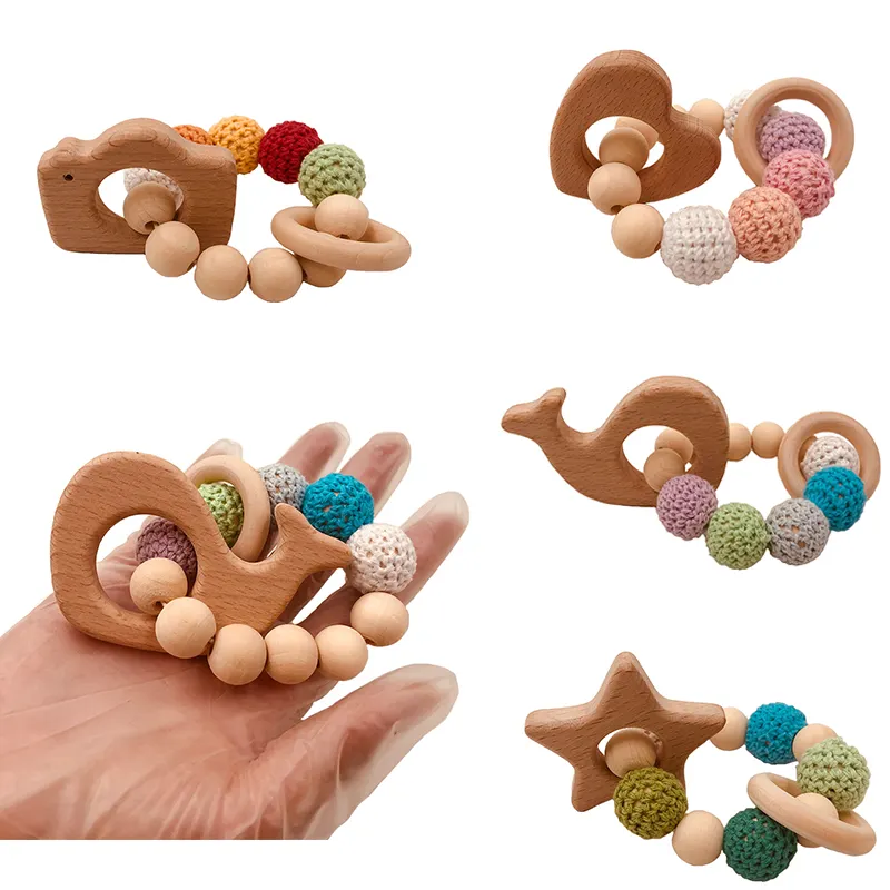 Wholesale Baby Crochet Beads Teether Shower Gift Wooden Ring Rattles Baby Silicone Teething Bracelet